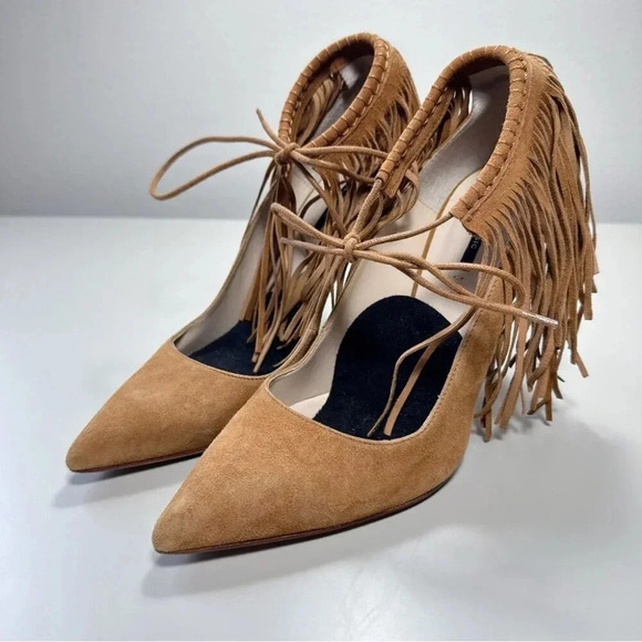Zara Womens 38 Suede Leather Fringe Cowgirl Heel  Shoes - Picture 4 of 14